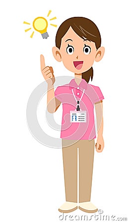 The inspirational expression of a female staff member wearing a short-sleeved polo shirt and a name tag Vector Illustration