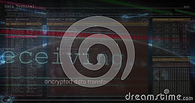 Image of interface with data processing against round scanners over globe Stock Photo