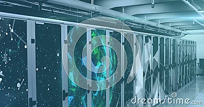 Image of interface with data processing and plexus networks against computer server room Stock Photo