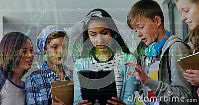 Image of interface with graphs, soundwave, data over multiracial students studying over tablet Stock Photo