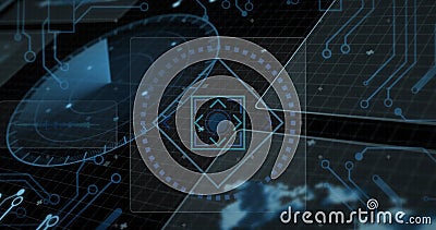 Image of interface with round scanner, microprocessor connections and data processing Stock Photo