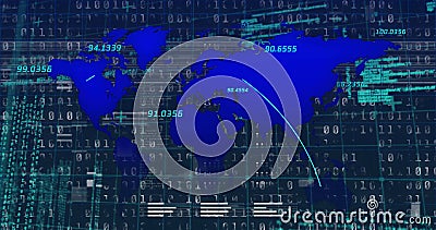 Image of interference over world map and data processing on black background Stock Photo