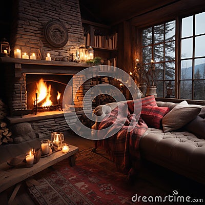 Image Interior of a cozy living room with a fireplace, winter ambiance Stock Photo