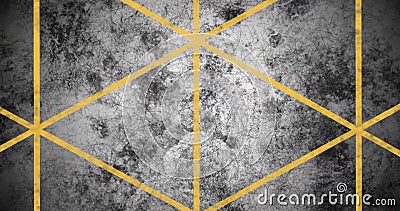 Image of intersecting yellow lines forming abstract geometric pattern on textured gray background Stock Photo