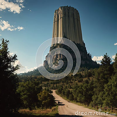 An intimidating view of Devil's Tower National Monument made with Generative AI Stock Photo