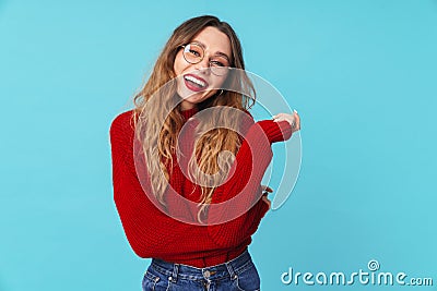 Image of joyful caucasian woman smiling and looking at camera Stock Photo