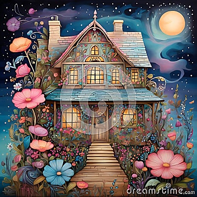 image of karla gerard beautiful fairyland cottage surrounded by gorgeous flowery plants art style. Stock Photo