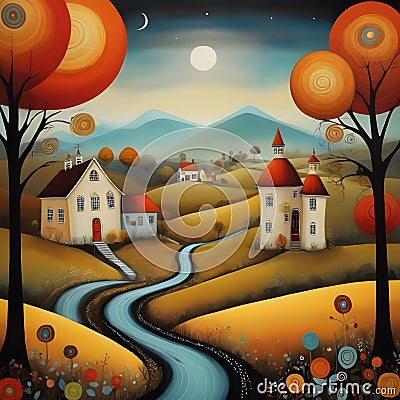 image of karla gerard style mixed with Loish style of a atmospheric folk story landscape. Stock Photo