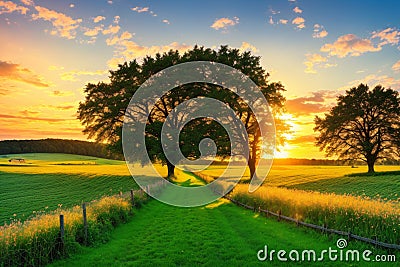 Landscape with meadow, ditch and old fence posts made with Generative AI Stock Photo