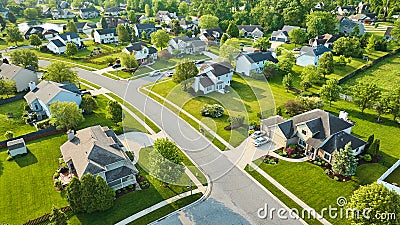 Landscaping on middleclass homes aerial neighborhood fresh cut lawns Stock Photo