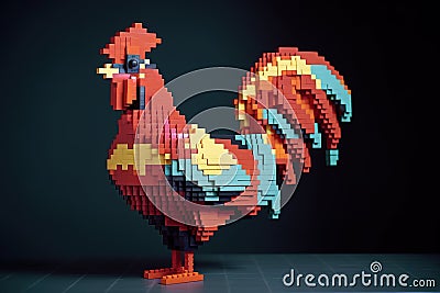 Image of lego toy rooster. Farm animals. illustration, generative AI Cartoon Illustration