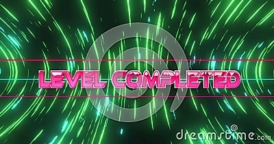 Image of level completed text over green trails of lights Stock Photo