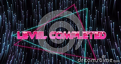 Image of level completed text over light trails on black background Stock Photo