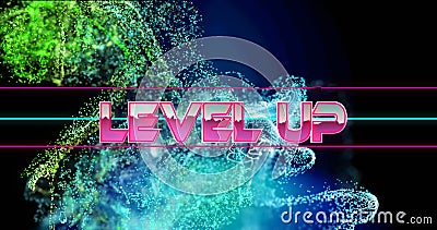 Image of level up text between lines over dynamic dots forming waves against abstract background Cartoon Illustration