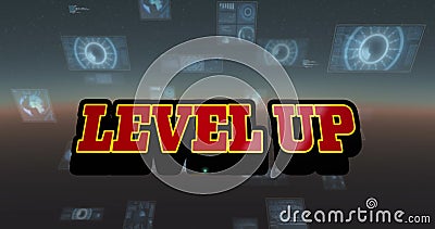 Image of level up text in red letters over screens with data processing Stock Photo