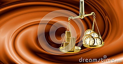 image of libra, watches and coins as a symbol of income and wealth closeup Stock Photo