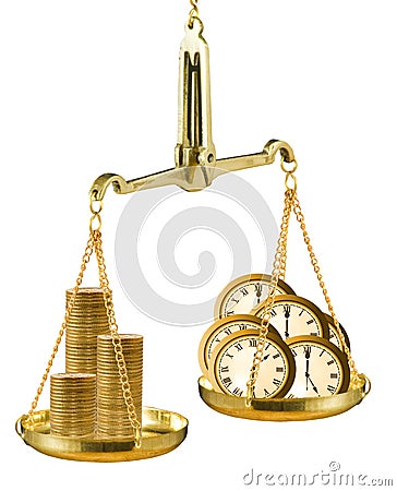 image of libra, watches and coins as a symbol of income and wealth closeup Stock Photo