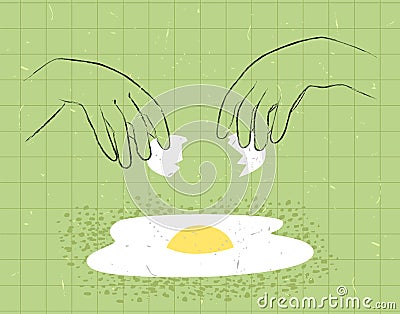 image with linear hands breaking egg and cooking Vector Illustration