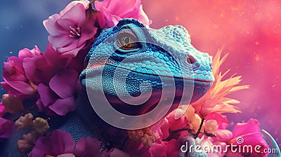 A blue lizard style creature surrounded by beautiful floral. Stock Photo