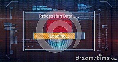 Image of loading bars, computer language, fingerprint and changing numbers on black background Stock Photo