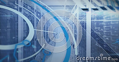 Image of loading circles and circuit board pattern over data server room Stock Photo