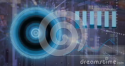 Image of loading circles, graphs and computer language over server room Stock Photo