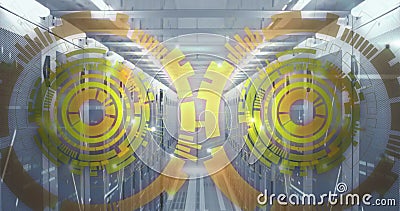 Image of loading circles over bars on data server racks in server room Stock Photo