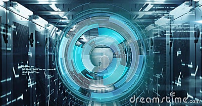 Image of loading circles over computer language against lines and bars on server room Stock Photo