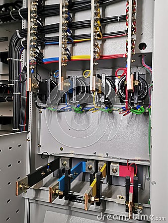 Image of low voltage switchboard copper connection compartment. Stock Photo