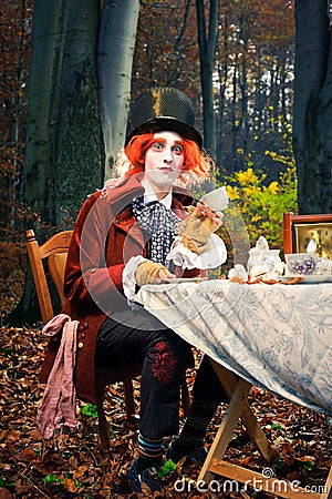 Mad Hatter at the Tea Party looking surprised Stock Photo