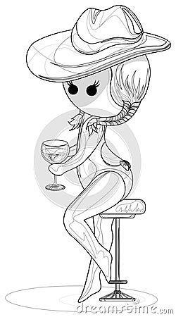 Image of Madame in a hat and bikini at the table with a glass of wine Vector Illustration