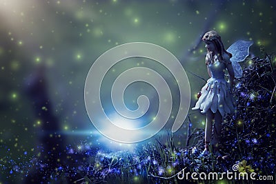 image of magical little fairy in the night forest. Stock Photo