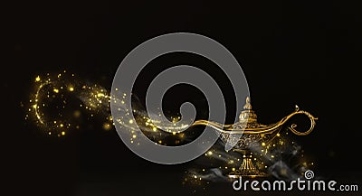 Image of magical mysterious aladdin lamp with glitter sparkle smoke over black background. Lamp of wishes Stock Photo