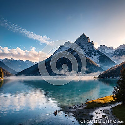 Majestic colorful scenery on the foggy lake in Triglav national park, located in the Bohinj Valley of the Stock Photo