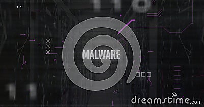 Image of malware text and data processing over computer servers Stock Photo