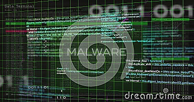 Image of malware text, network and processing data over grid on dark background Stock Photo