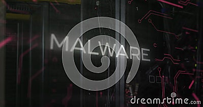 Image of malware text over data processing and server room Stock Photo