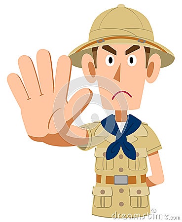 A man dressed as an explorer makes a restraining gesture upper body Vector Illustration