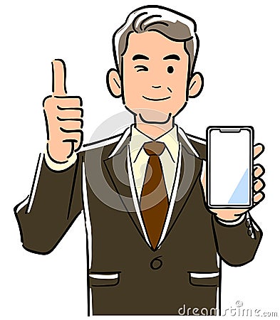 A managerial man holding a smartphone and thumbs up Vector Illustration