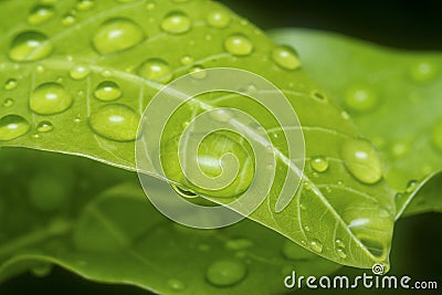 Many waterdrops on the surface of green leaves Stock Photo