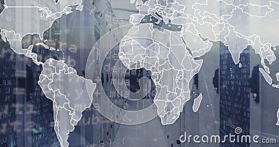 Image of map and computer language over binary codes on server racks in server room Stock Photo