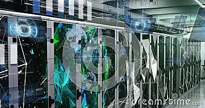 Image of mathematical equations and data processing against plexus networks over computer server Stock Photo