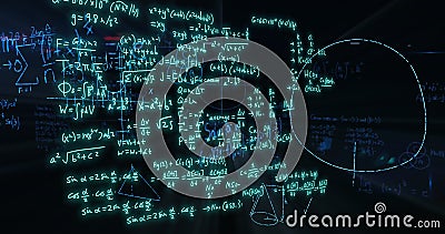 Image of mathematical formulae and scientific data processing over black background Stock Photo