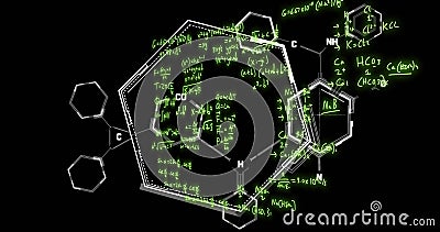 Image of mathematical formulae and scientific data processing over black background Stock Photo