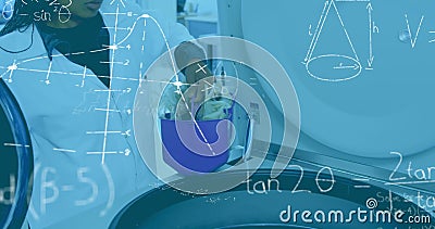 Image of mathematics formulae floating over a view of a female laboratory worker during the research Stock Photo