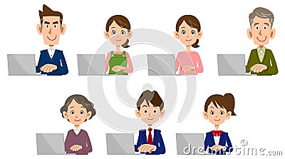 Men and women of all ages operating laptops Vector Illustration