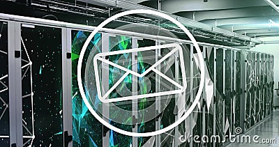 Image of message icon and plexus networks against computer server room Stock Photo