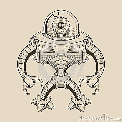 Image metal robot with an eye in flask instead of Vector Illustration