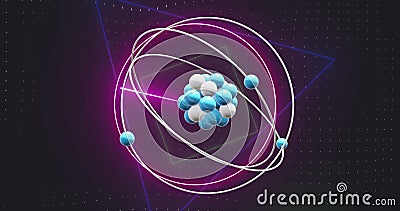 Image of micro of atom models and neon circles over black background Stock Photo
