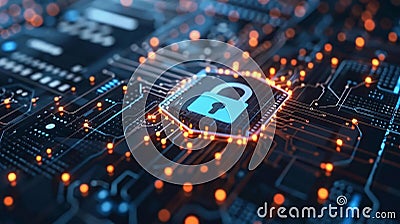 Image of a microchip with a padlock icon represents strong data encryption and hardware security technology Stock Photo